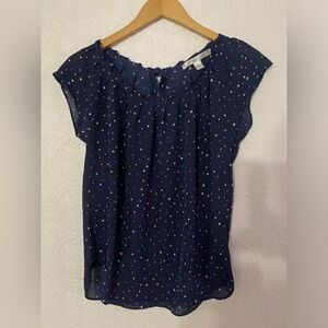 LC Lauren Conrad | Pullover Blouse | Navy Blue Polka Dot Chiffon | Medium